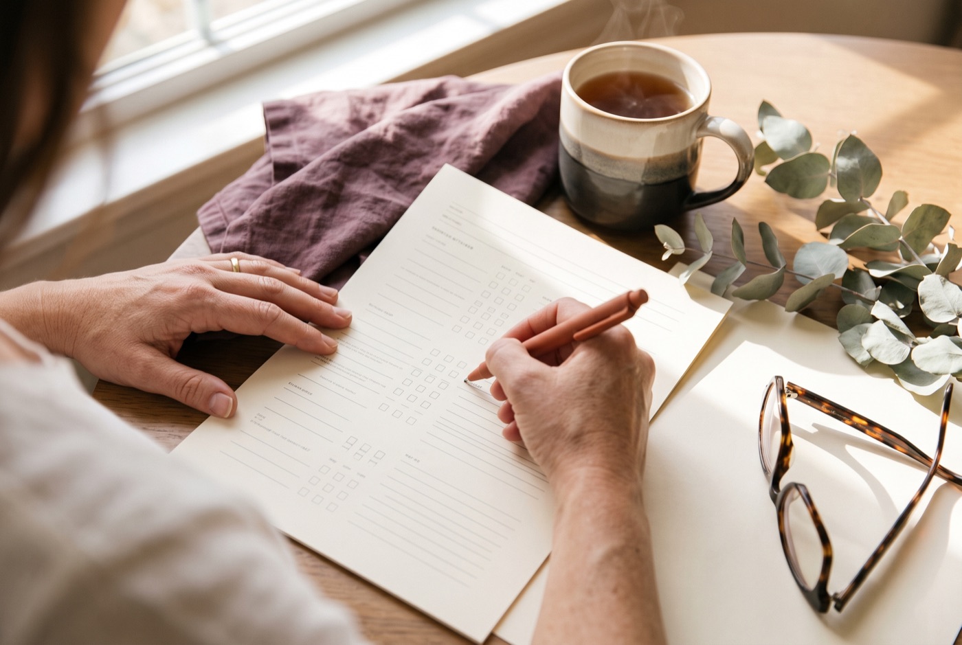 Close-up of hands filling in a printed checklist with a terracotta pen, tea and reading glasses on the table