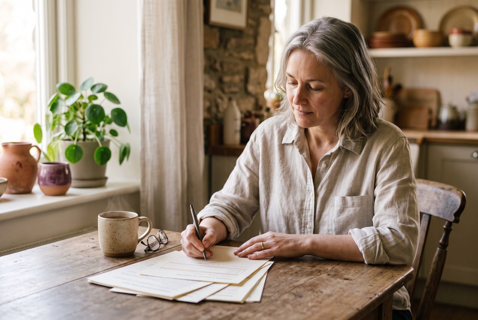 A woman in her late forties at her kitchen table, calmly filling in a printed Second Spring worksheet with a cup of tea beside her
