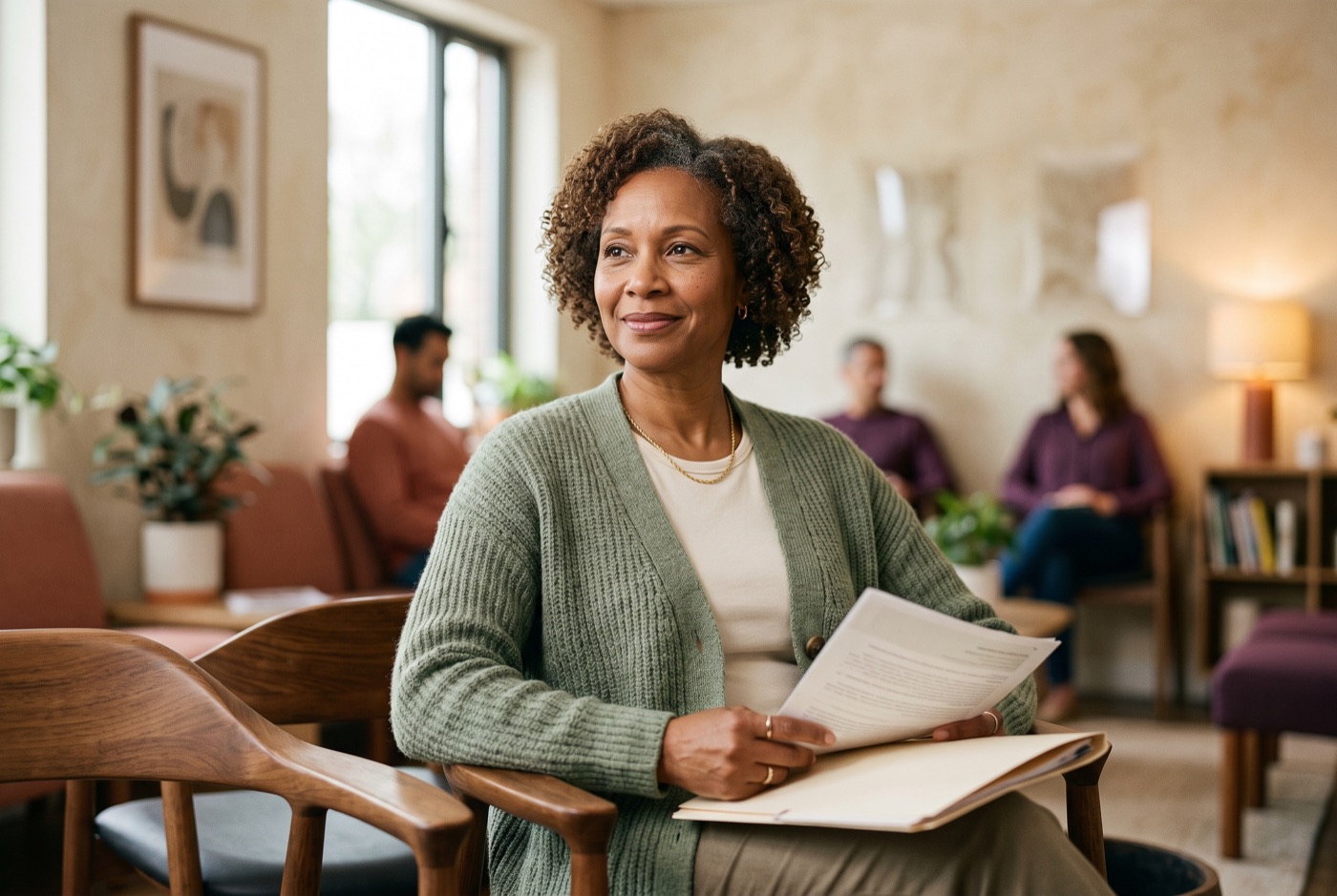 A woman sitting calmly in a doctor's waiting room, holding a folder with her printed symptom summary